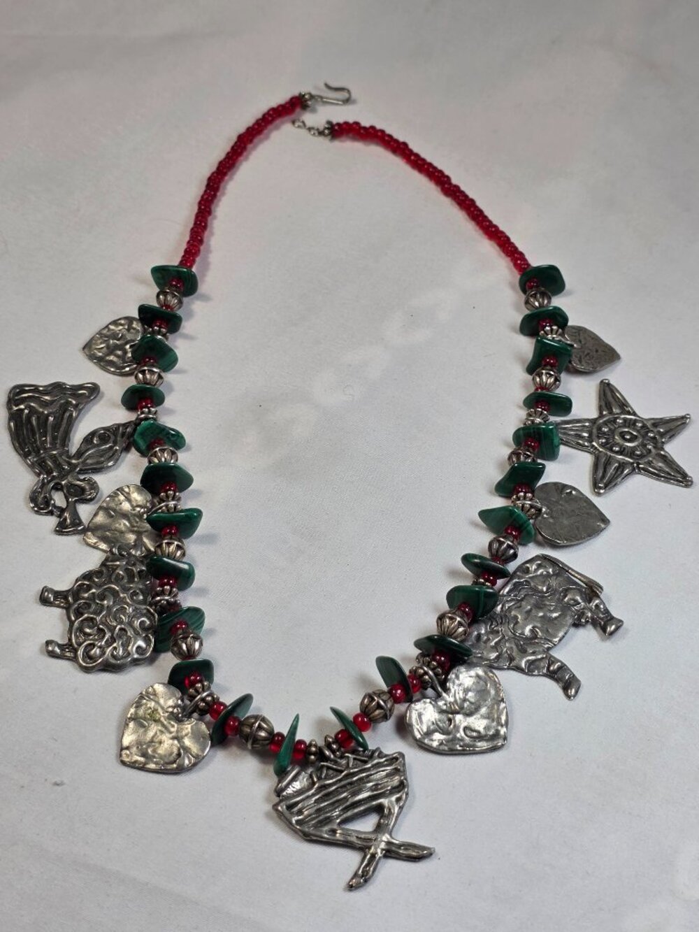 Vintage Marci Pewter Christmas Nativity Charm Necklace Red Green Beaded Holiday